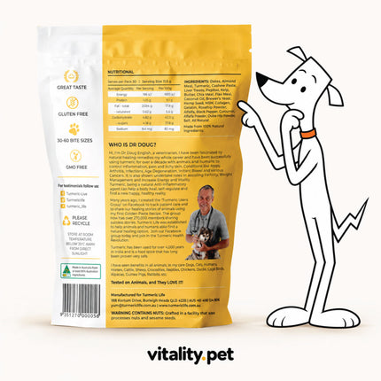 Turmeric Dog Bites pack, back with feeding guide