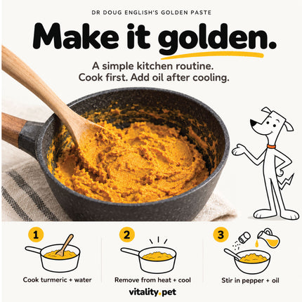 How to make Dr Doug English's Golden Paste: cook turmeric and water, cool, stir in pepper and oil